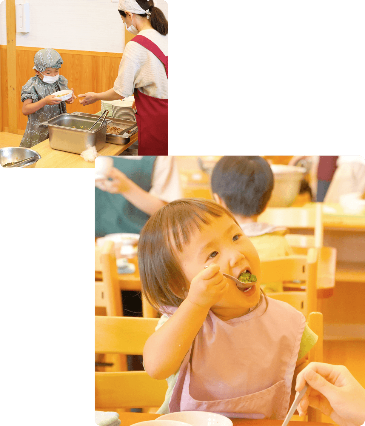 給食の準備をする男の子とご飯を食べる女の子
