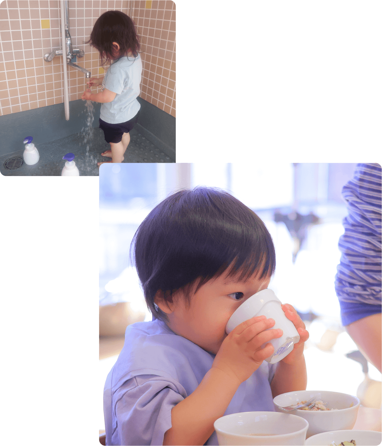 水道で水遊びをする子どもとコップでお茶を飲む子ども