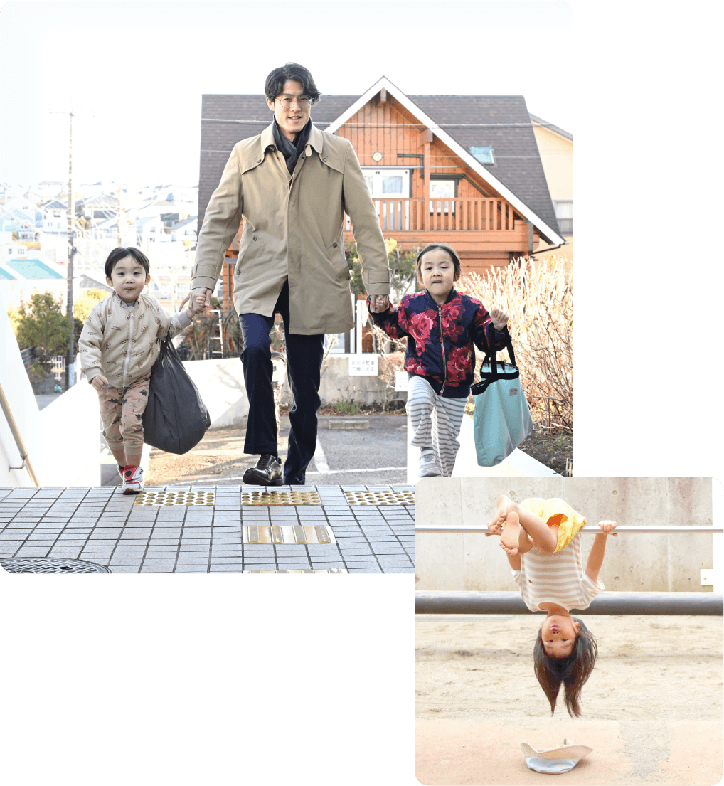 上：コート姿の男性が、男の子と女の子の手を引いて歩く様子。下：鉄棒で逆さにぶら下がり、頭を真下に向けている女の子。その下に帽子が落ちている。